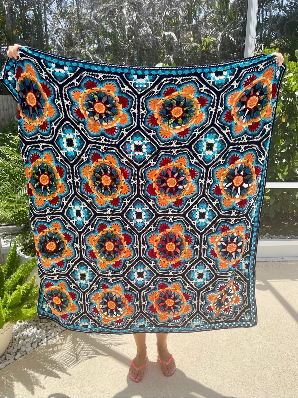 Crochet Throw Blanket, Blue & Orange, Persian Tile Style, Acrylic, 50” x 50”